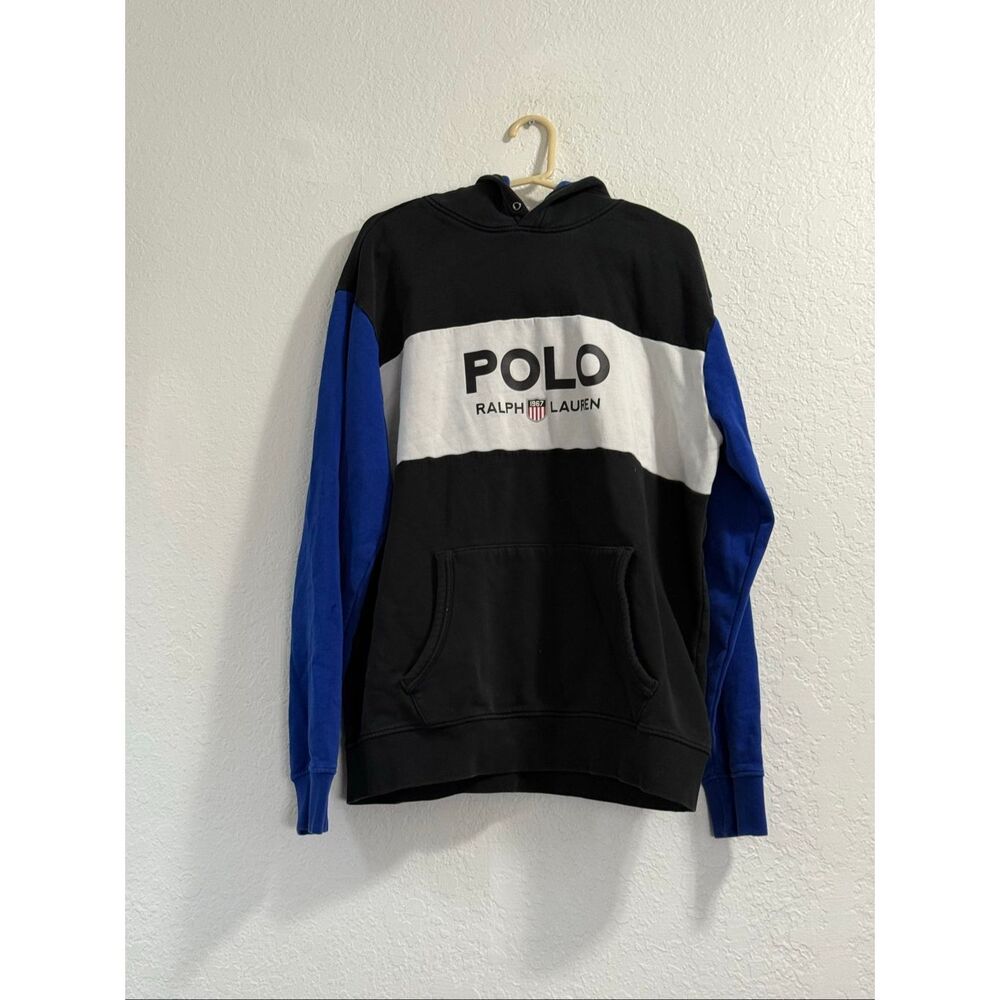 Polo Ralph Lauren Men's Blue Colorblock Logo Graphic Pullover Hoodie L LT